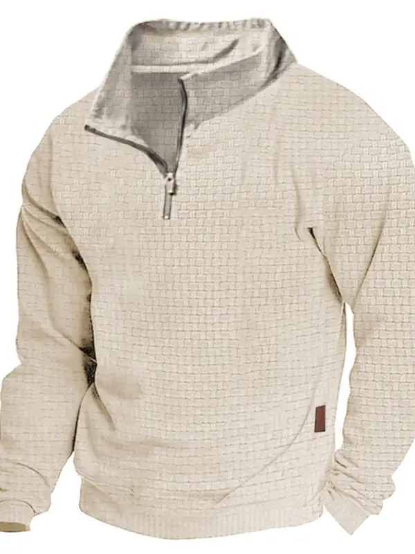 Men's Sweatshirt Quarter Zip Jacquard Plaid Stand Collar Vintage Daily Tops - Menbarn.com 