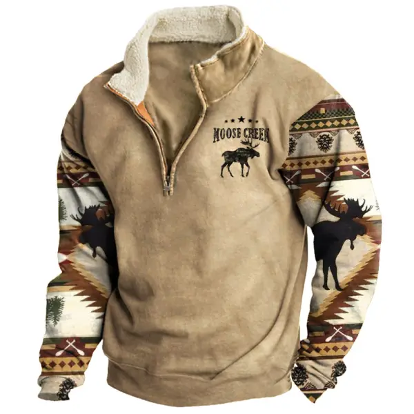 Men's Aztec Sweatshirt Retro Moose Creek Ethnic Print Plush Half Open Collar Pullover - Upgradecool.com 