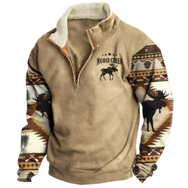 Men's Aztec Sweatshirt Retro Moose Creek Ethnic Print Plush Half Open Collar Pullover - Elementnice.com 