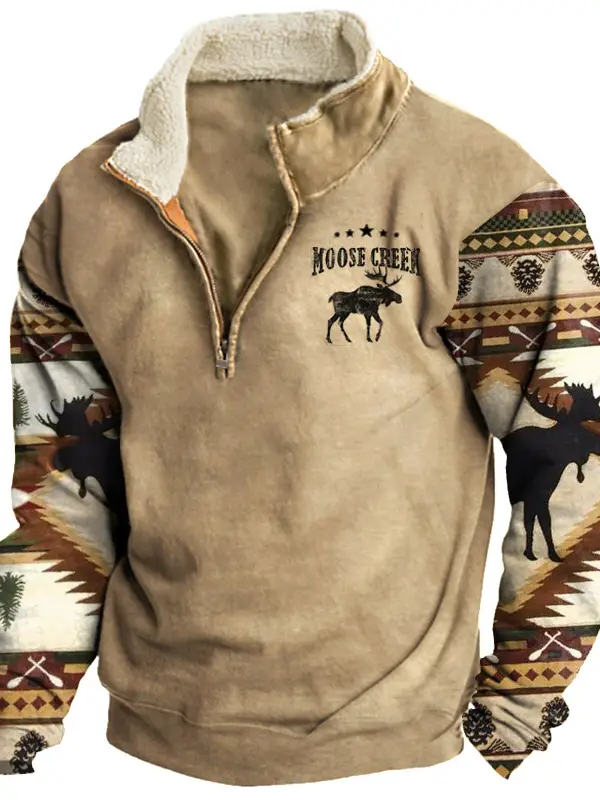 Men's Aztec Sweatshirt Retro Moose Creek Ethnic Print Plush Half Open Collar Pullover - Pragmaace.com 