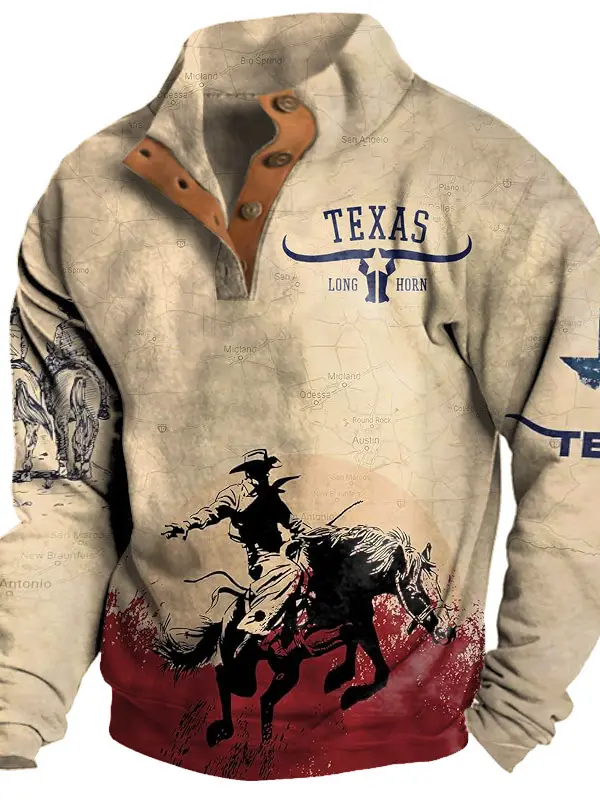 Men's Half Open Collar Sweatshirt Vintage Texas Cowboy Print - Businesuniontrade.com 