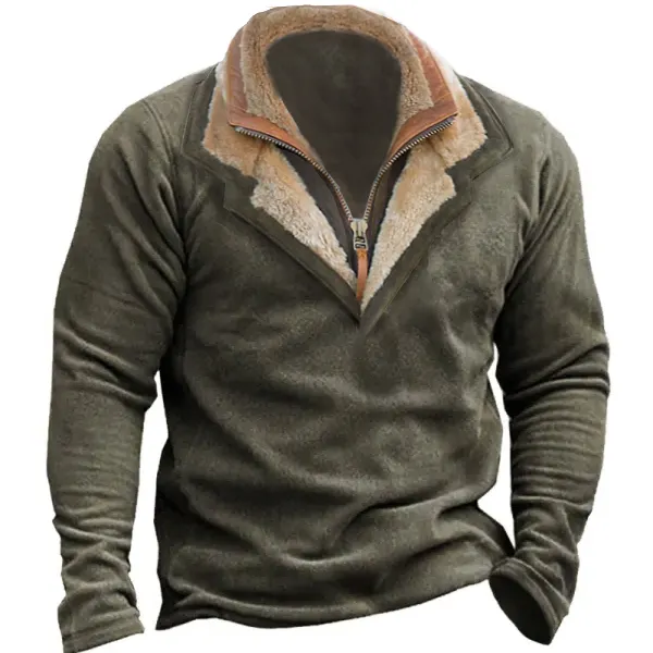 Men Vintage Fleece Henley Zip Polo Sweatshirt Double Layer Lapel Fur Leather Collar Tactical Pullover - Elementnice.com 