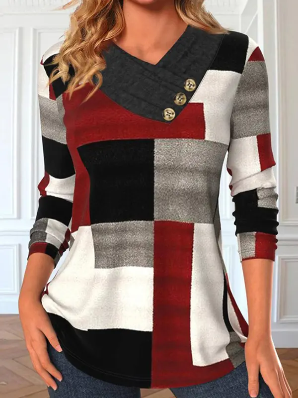 Women's Geometric Graphic Contrast Print V-Neck Casual Long Sleeve Top - Simplyion.com 