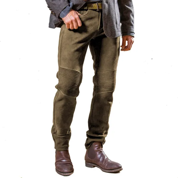 Men Vintage Suede Trousers Quilted Outdoor Motorcycle Casual Pants Daily Pan - Elementnice.com 