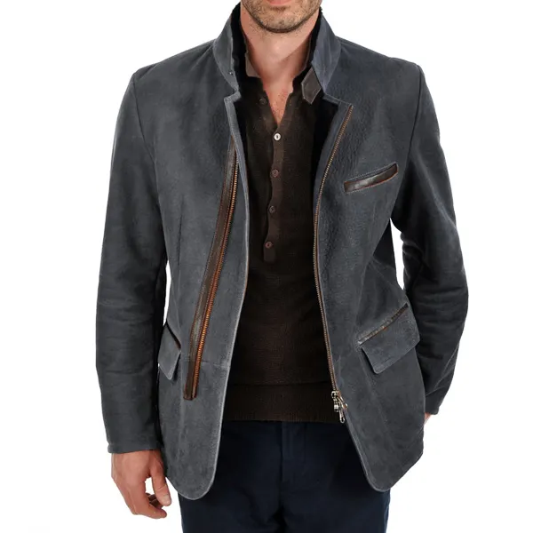 Men Vintage Stand Collar Suede Blazer Side Zip Fly Contrast Leather Webbing Medium Length Jacket Coats - Keymimi.com 