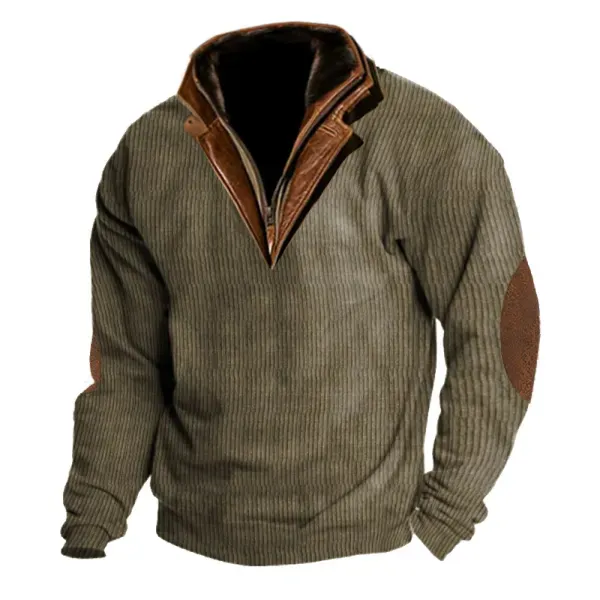 Men's Outdoor Casual Zip Polo Stand Collar Long Sleeve Sweatshirt Double Layer Lapel Fur Leather Collar Pullover - Cotosen.com 