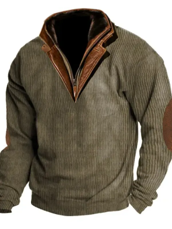 Men's Outdoor Casual Zip Polo Stand Collar Long Sleeve Sweatshirt Double Layer Lapel Fur Leather Collar Pullover - Wantbright.com 
