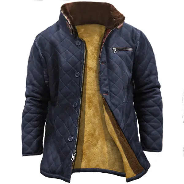 Men Vintage Quilted Leather Jacket Outdoor Zip Pocket Warmth Coat - Nicheten.com 