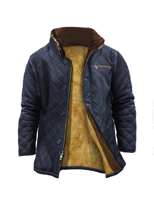 Men Vintage Quilted Leather Jacket Outdoor Zip Pocket Warmth Coat - Timetomy.com 