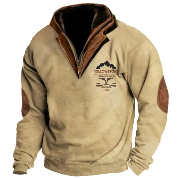 Men's Western Yellowstone Zip Stand Collar Polo Sweatshirt Double Layer Lapel Fur Leather Collar Tactics Pullover - Spiretime.com 