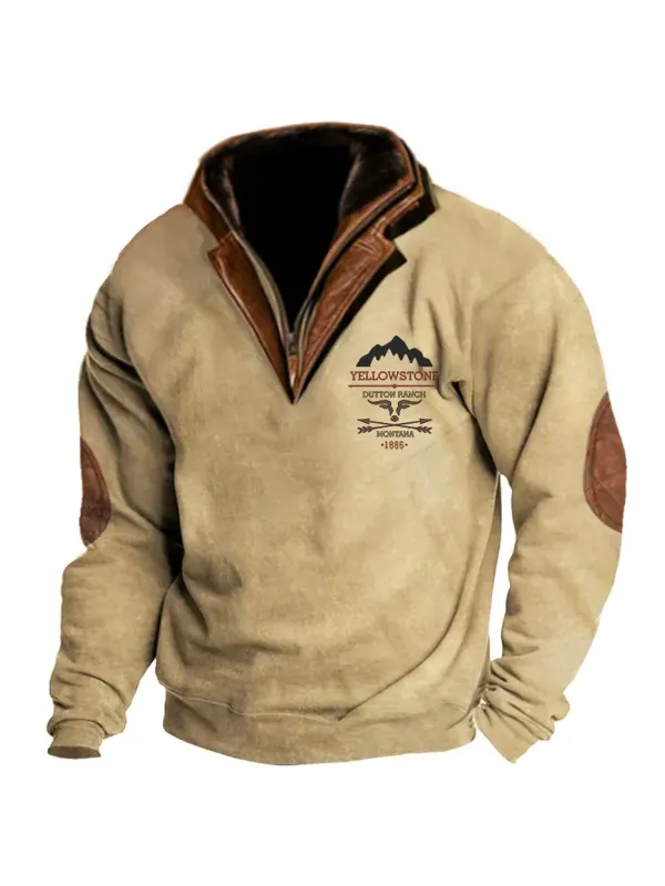 Men's Western Yellowstone Zip Stand Collar Polo Sweatshirt Double Layer Lapel Fur Leather Collar Tactics Pullover - Spiretime.com 
