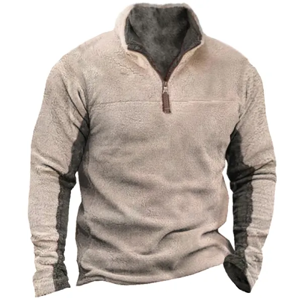 Men's Vintage Fleece 1/4 Zipper Patchwork Casual Brushed Heavy Sweatshirt 
