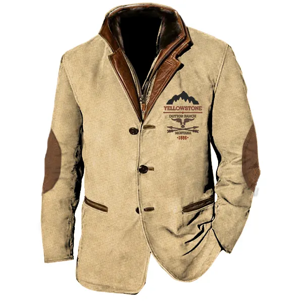 Men Vintage Yellowstone Cargo Blazer Jackets Double Layer Lapel Fur Leather Collar Medium Length Coats - Dozenlive.com 