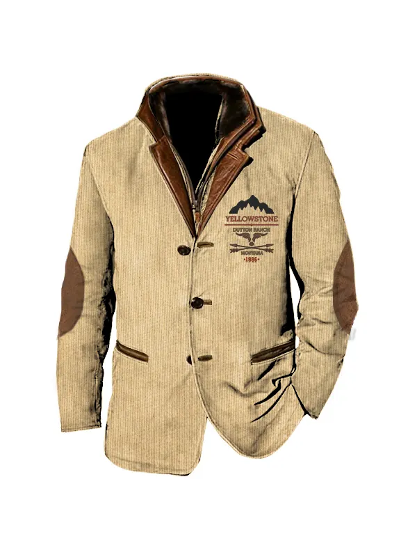 Men Vintage Yellowstone Cargo Blazer Jackets Double Layer Lapel Fur Leather Collar Medium Length Coats - Spiretime.com 