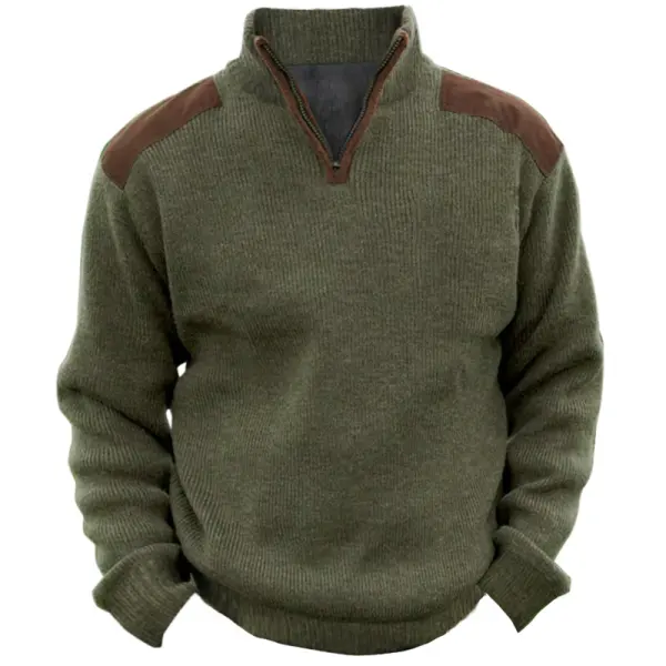 Men's Knitted Sweatshirt Retro Outdoor Color Block Half Open Collar - Dozenlive.com 