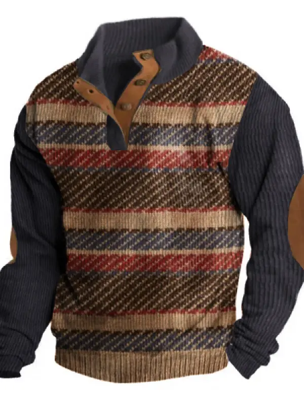 Men's Outdoor Retro Stripes Corduroy Henley Neck Sweatshirt Thickened Tactical Top - Businesuniontrade.com 