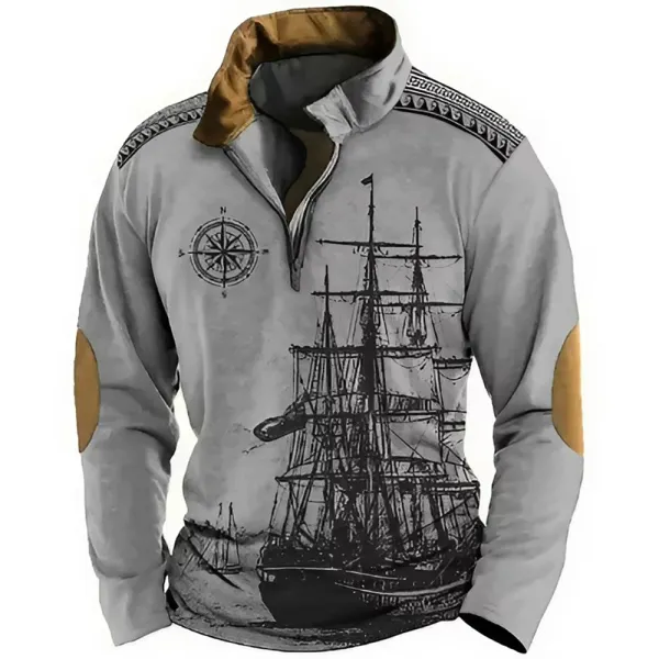 Men's Retro Nautical Sailing Compass Print Zipper Stand Collar Sweatshirt Christmas Holiday Tops Khaki Gray Black Only $32.89 - Wayrates.com 