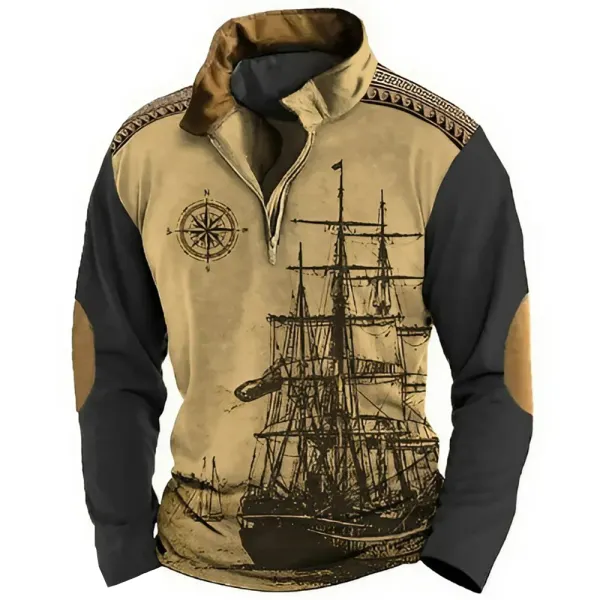 Men's Retro Nautical Sailing Compass Print Zipper Stand Collar Sweatshirt Christmas Holiday Tops Khaki Gray Black - Upgradecool.com 