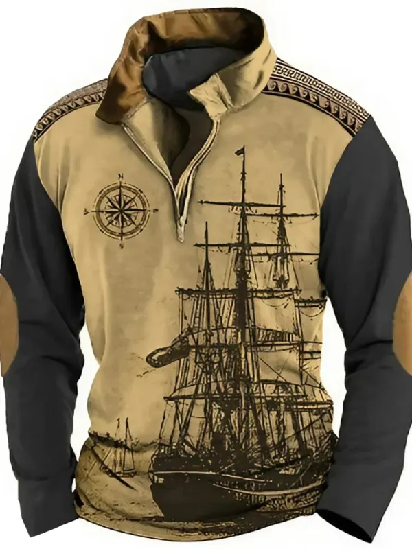 Men's Retro Nautical Sailing Compass Print Zipper Stand Collar Sweatshirt Christmas Holiday Tops Khaki Gray Black - Wantbright.com 