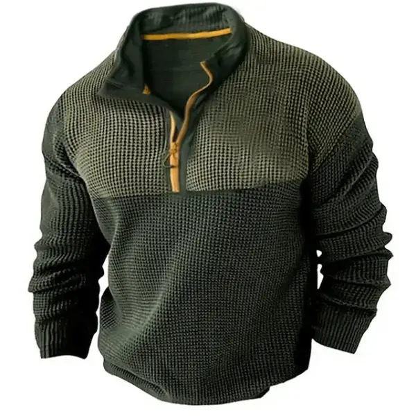Men's T Shirt 1/4 Zipper Waffle Fabric Color Block Street Vacation Long Sleeve Clothing Apparel Fashion Designer Top 