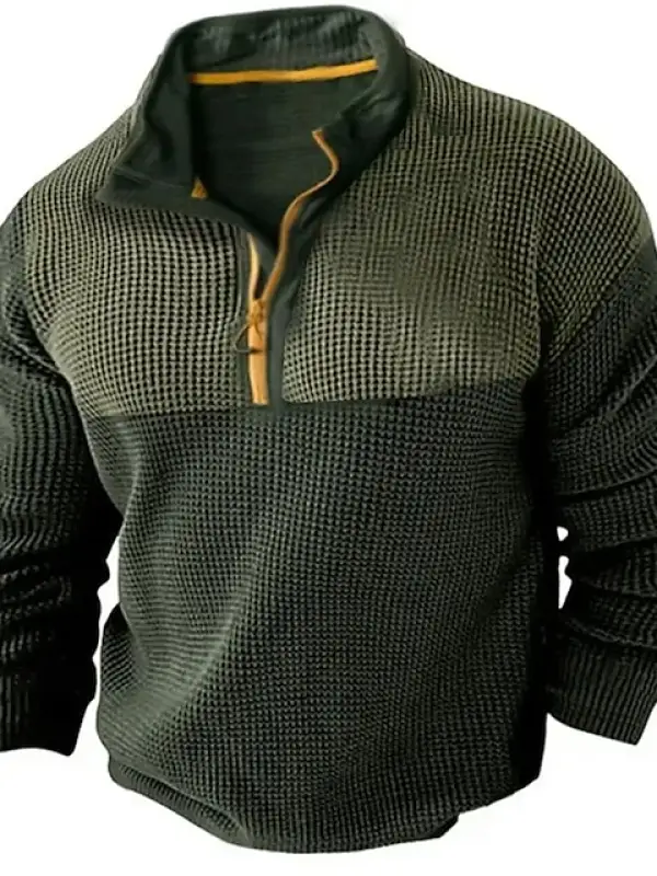 Men's T Shirt 1/4 Zipper Waffle Fabric Color Block Street Vacation Long Sleeve Clothing Apparel Fashion Designer Top 