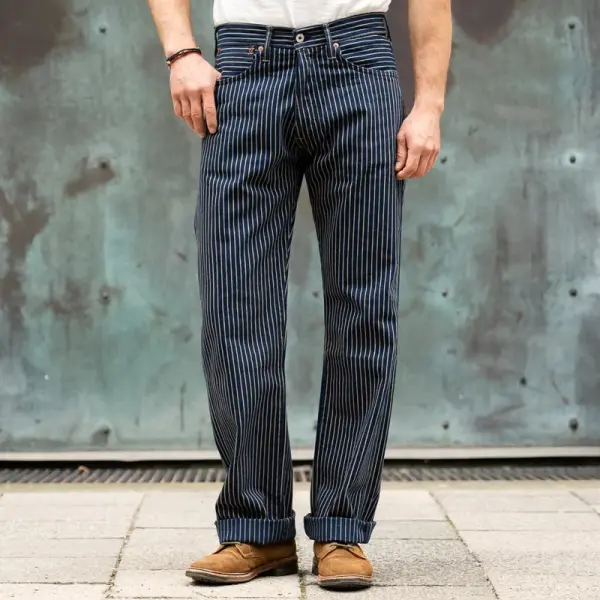 Men's Vertical Striped Straight Jeans Casual Pants - Jumbochic.com 