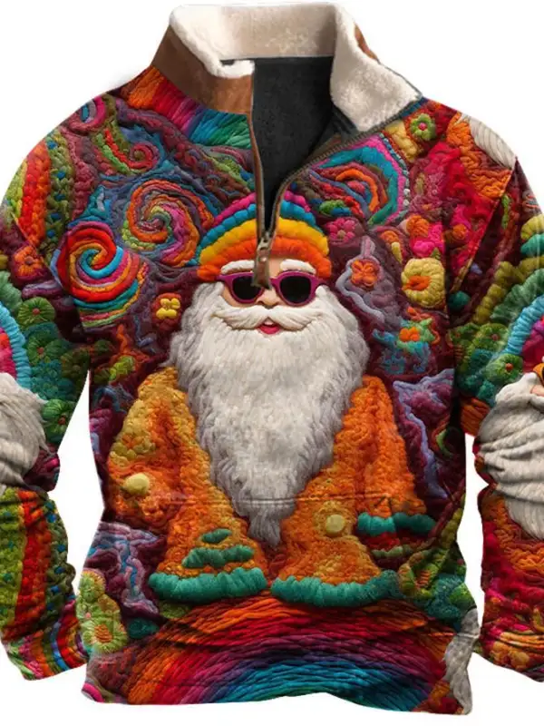 Men's Sweatshirt Quarter Zip Retro Santa Christmas Plush Collar Vintage Daily Tops - Menbarn.com 