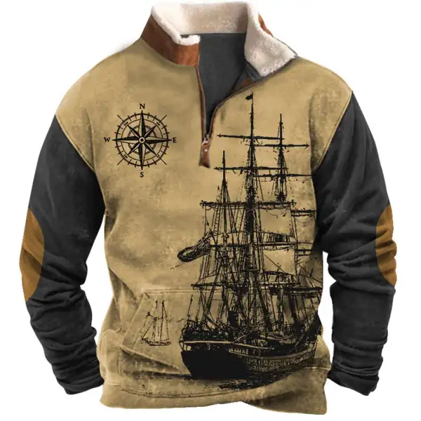 Men's Sweatshirt Quarter Zip Nautical Sailing Compass Plush Collar Vintage Daily Tops Only $35.89 - Wayrates.com 