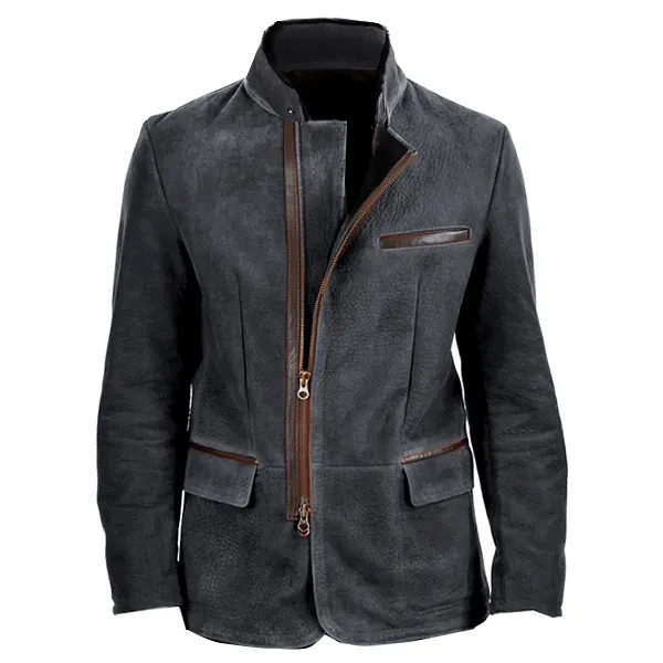 Men Vintage Stand Collar Suede Blazer Side Zip Fly Contrast Leather Webbing Medium Length Jacket Coats - Dozenlive.com 