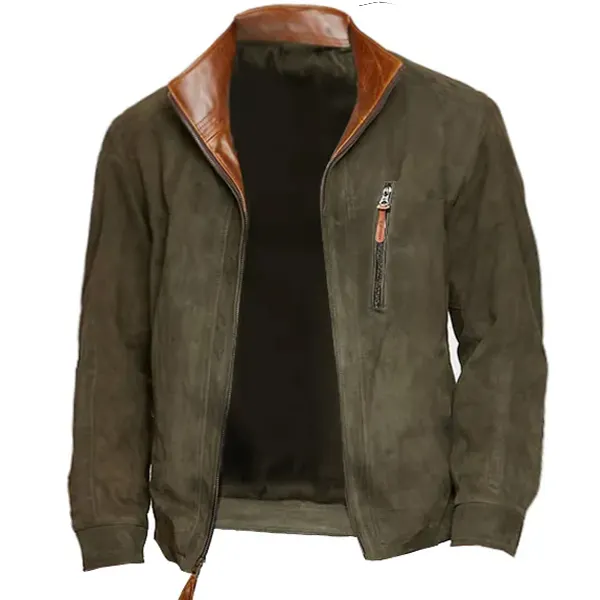 Men's Vintage Suede Bomber Jacket Outdoor Stand Collar Polo Zip Pockets Coat - Manlyhost.com 