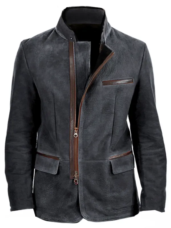 Men Vintage Stand Collar Suede Blazer Side Zip Fly Contrast Leather Webbing Medium Length Jacket Coats - Menwyx.com 