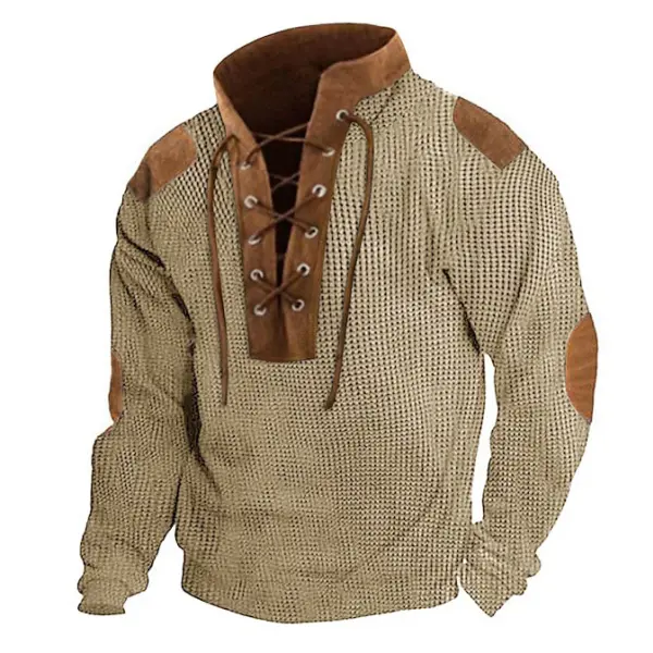 Men's Sweatshirt Waffle Lace-Up Stand Collar Vintage Colorblock Outdoor Daily Tops Khaki - Cotosen.com
