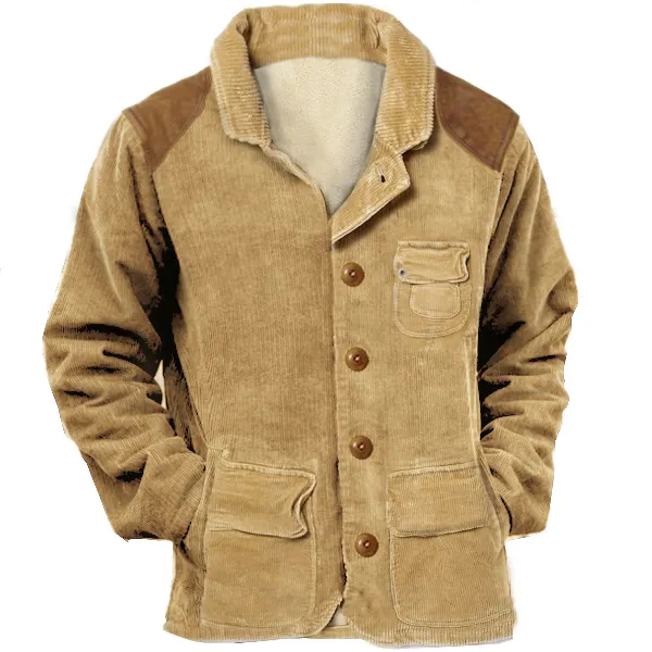 Men Vintage Fleece Corduroy Blazer Lapel Collar Medium Length Multi Pocket Casual Coats - Cotosen.com