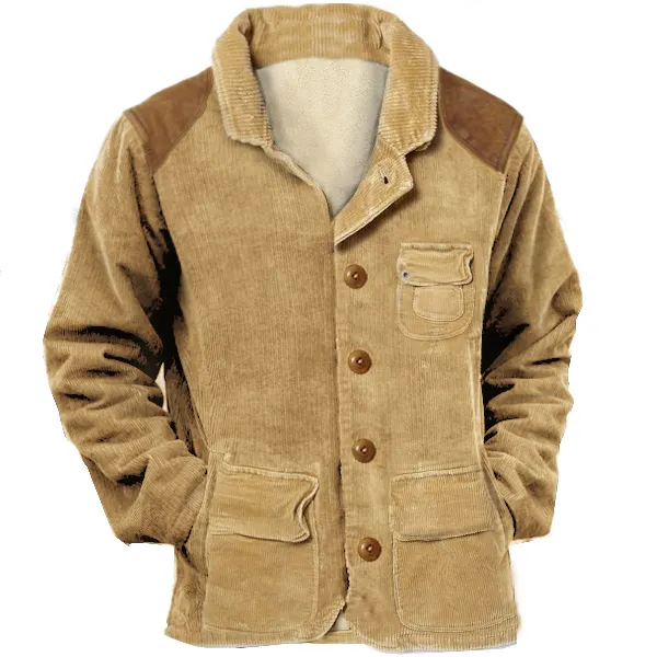 Men Vintage Fleece Corduroy Blazer Lapel Collar Medium Length Multi Pocket Casual Coats - Manlyhost.com 