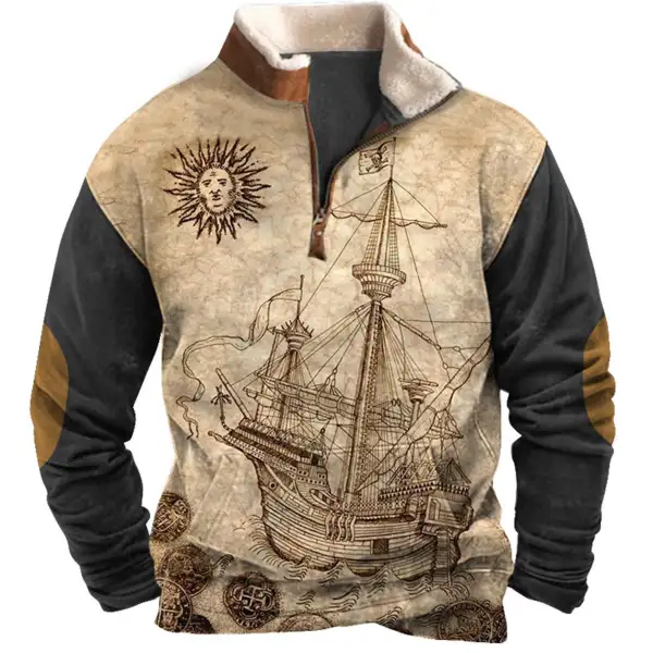 Men's Sweatshirt Quarter Zip Nautical Sailing Sun Plush Collar Vintage Daily Tops Only $35.89 - Wayrates.com 