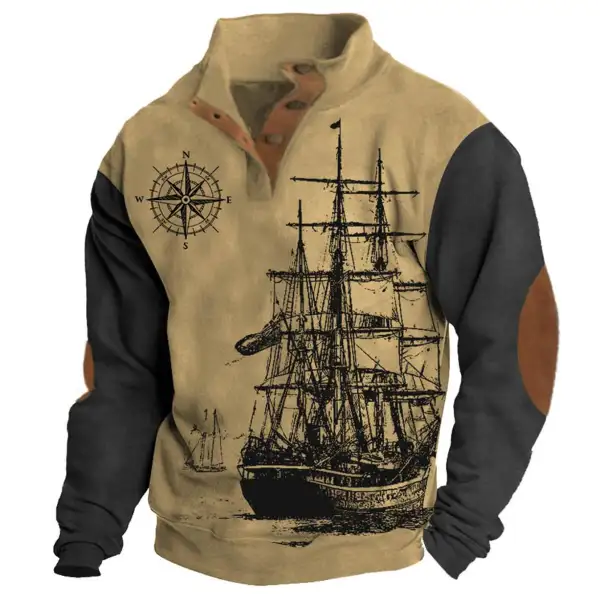 Men's Sweatshirt Vintage Nautical Sailing Compass Stand Collar Buttons Colorblock Daily Tops - Cotosen.com 