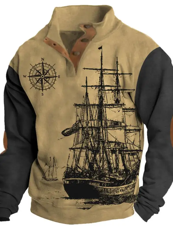 Men's Sweatshirt Vintage Nautical Sailing Compass Stand Collar Buttons Colorblock Daily Tops - Wantbright.com 