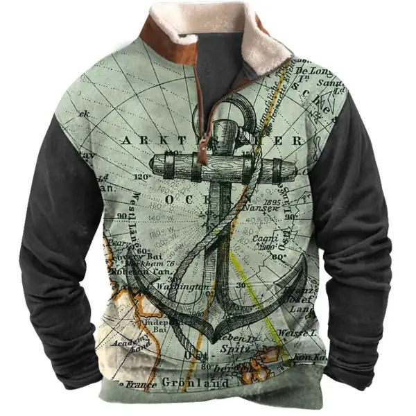 Men's Sweatshirt Quarter Zip Nautical Map Anchor Plush Collar Vintage Daily Tops Only $35.89 - Wayrates.com 