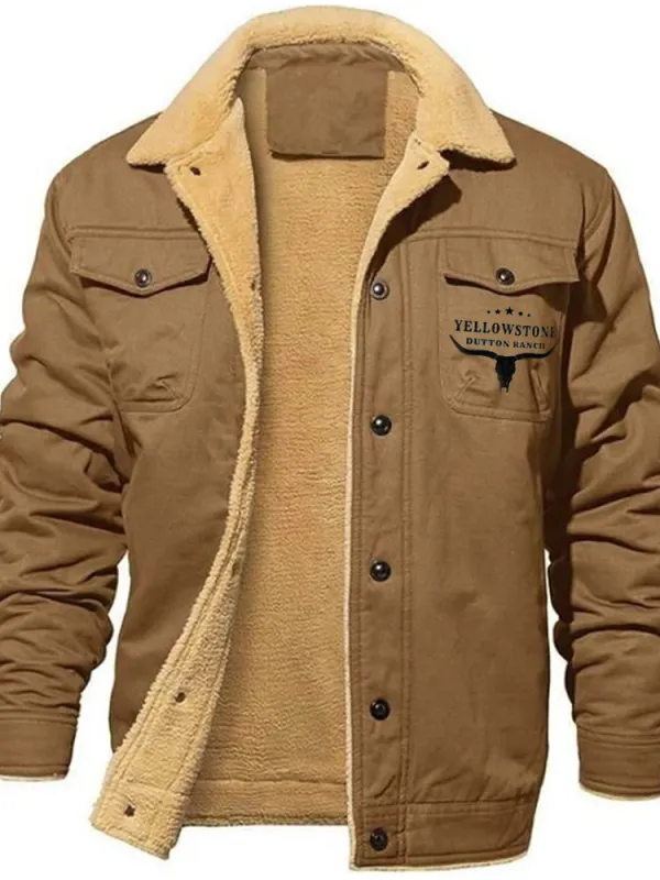 Men's Retro Western Yellowstone Print Fleece Cotton Work Casual Jacket - Menwyx.com 