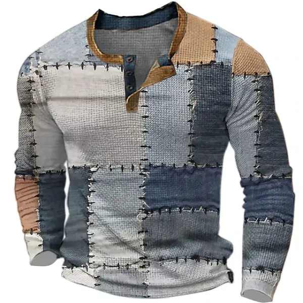Plaid Patchwork Designer Print Retro Vintage Casual Men's 3 Henley Shirt Waffle T Shirt Sports Outdoor Long Sleeve Top - Anurvogel.com 