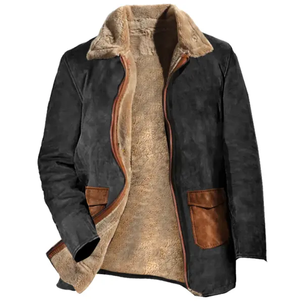 Men's Vintage Suede Blazer Lapel Plus Fleece Mid-length Coat - Nicheten.com 