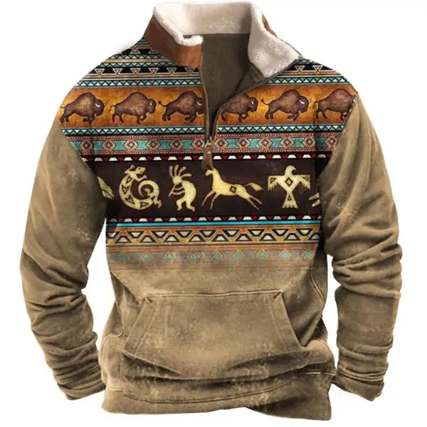Men's Sweatshirt Ethnic Aztec Plush Collar Quarter Zip Vintage Daily Tops Only $35.89 - Wayrates.com 