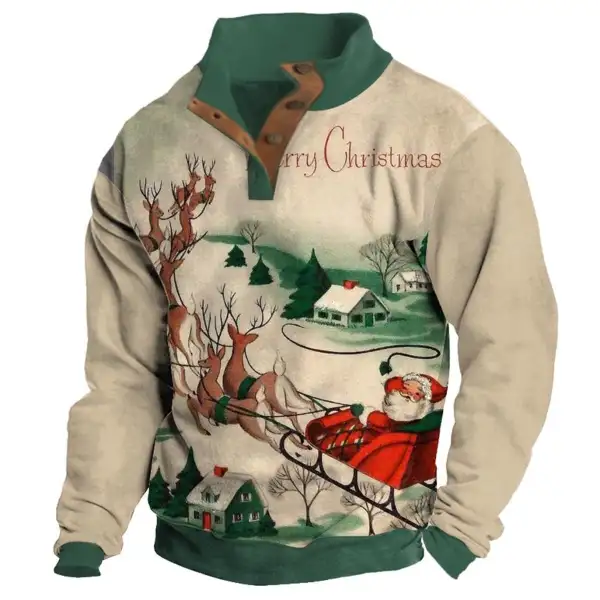 Men's Sweatshirt Santa Claus Reindeer Christmas Buttons Stand Collar Daily Tops - Anurvogel.com 