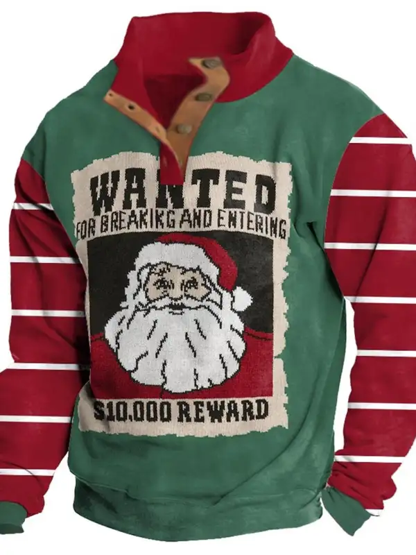 Men's Sweatshirt Wanted Santa Claus Christmas Buttons Stand Collar Daily Tops - Businesuniontrade.com 