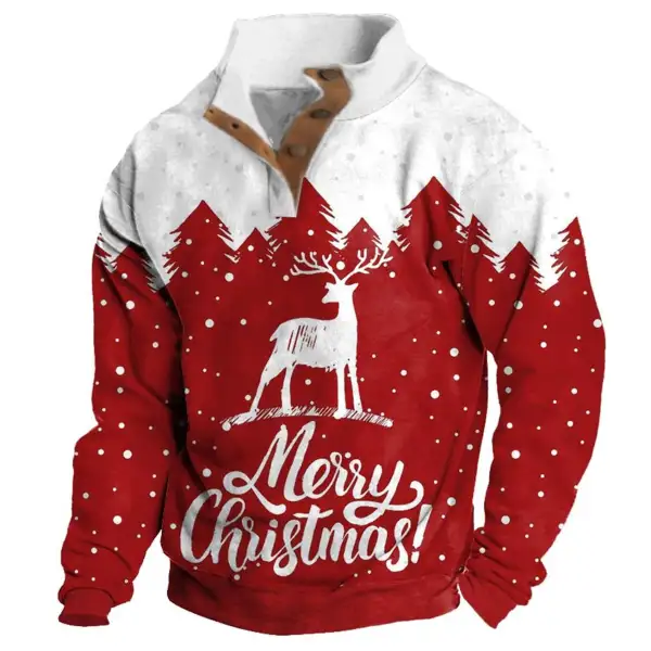 Men's Sweatshirt Merry Christmas Deer Buttons Stand Collar Daily Tops - Sunhopebloom.com 