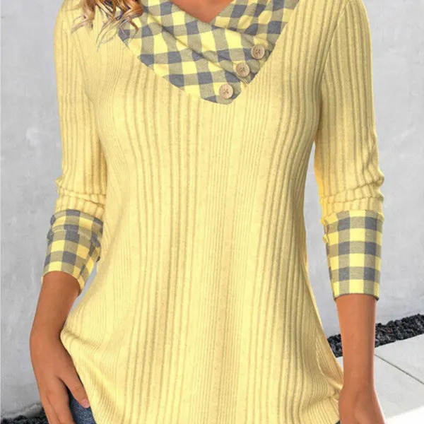 Women's Plaid Patchwork V-neck Knitted Pit Top - Cotosen.com 