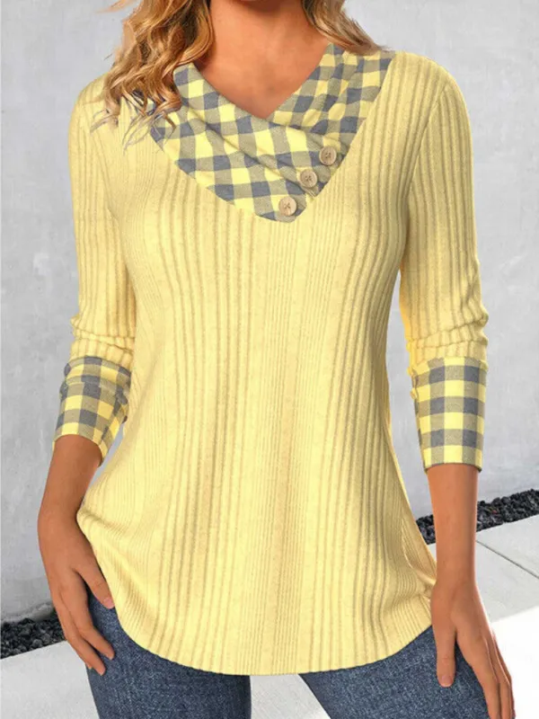 Women's Plaid Patchwork V-neck Knitted Pit Top - Wantbright.com 