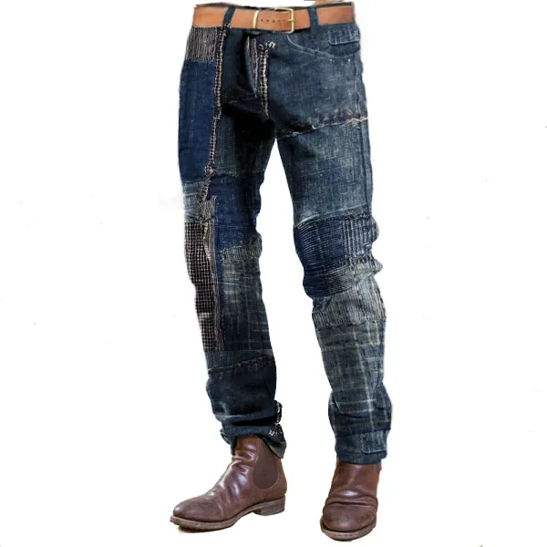 Patchwork Design Boro Print Men Vintage Corduroy Trousers Quilted Outdoor Casual Daily Pants - Dozenlive.com 