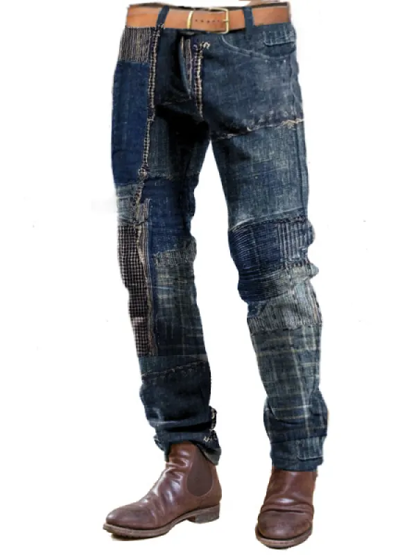 Patchwork Design Boro Print Men Vintage Corduroy Trousers Quilted Outdoor Casual Daily Pants - Wantbright.com 