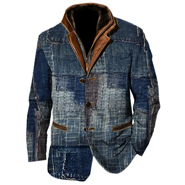 Patchwork Design Boro Print Men Vintage Fleece Blazer Double Layer Lapel Fur Leather Collar Medium Length Coats - Cotosen.com